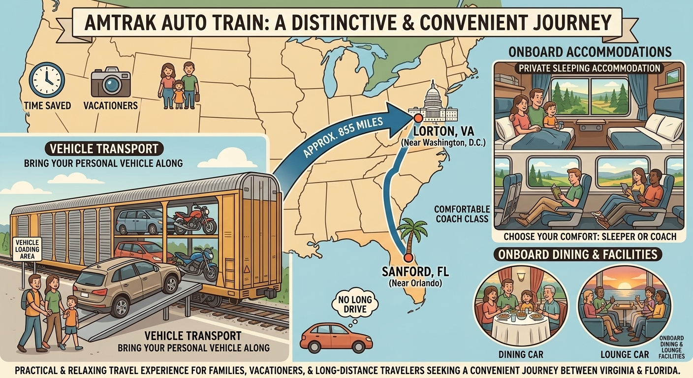 Amtrak Auto Train travel guide showing the 855-mile route between Lorton, VA, and Sanford, FL, vehicle loading features, sleeper accommodations, and onboard dining options