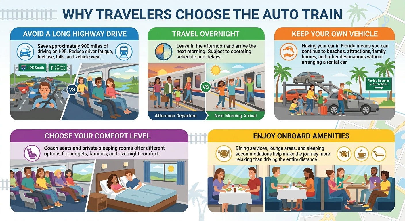 Infographic showing five reasons travelers choose the Auto Train: avoiding long I-95 highway drives, overnight travel schedule, keeping your own vehicle in Florida, choosing coach vs private sleeping rooms, and enjoying onboard dining and lounges.