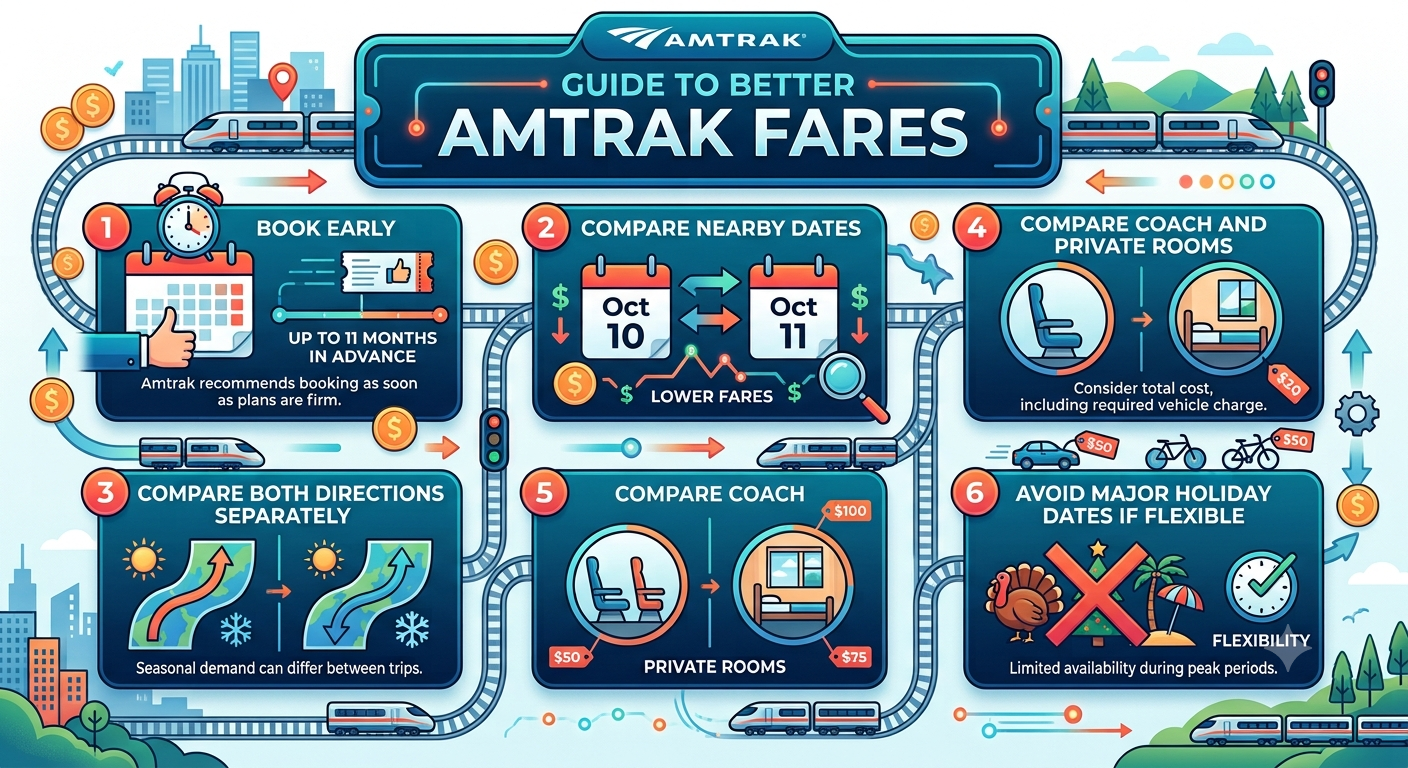 Essential tips for finding cheaper Amtrak tickets, from booking up to 11 months in advance to comparing dates and class options.