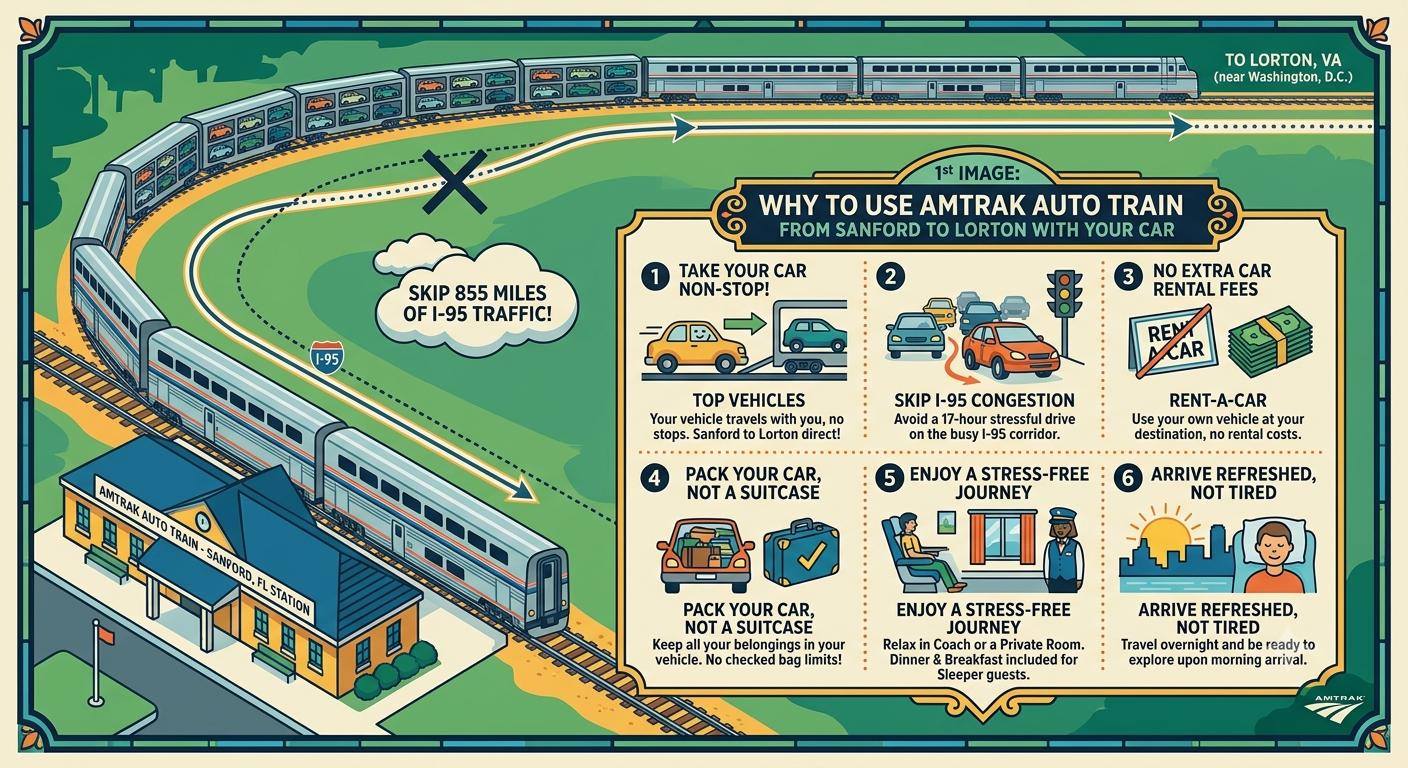 Infographic showing 6 reasons to ride the Amtrak Auto Train from Sanford, FL to Lorton, VA, skipping 855 miles of I-95 traffic